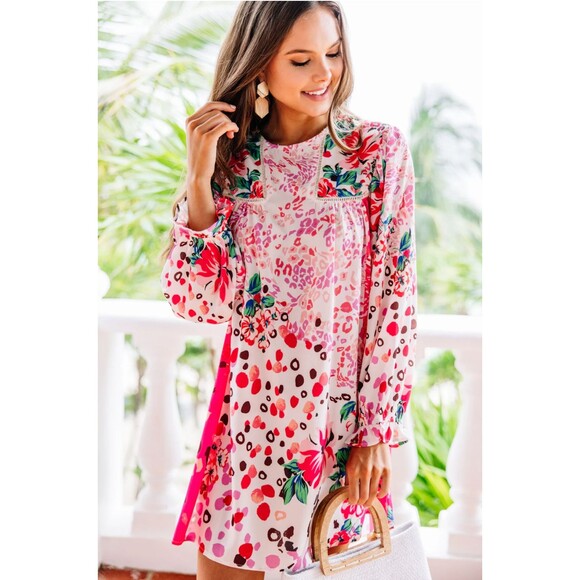 Umgee Babydoll Mixed Print Dress Sz M Pink Boho Feminine Artsy Vintage Inspired - Picture 14 of 15